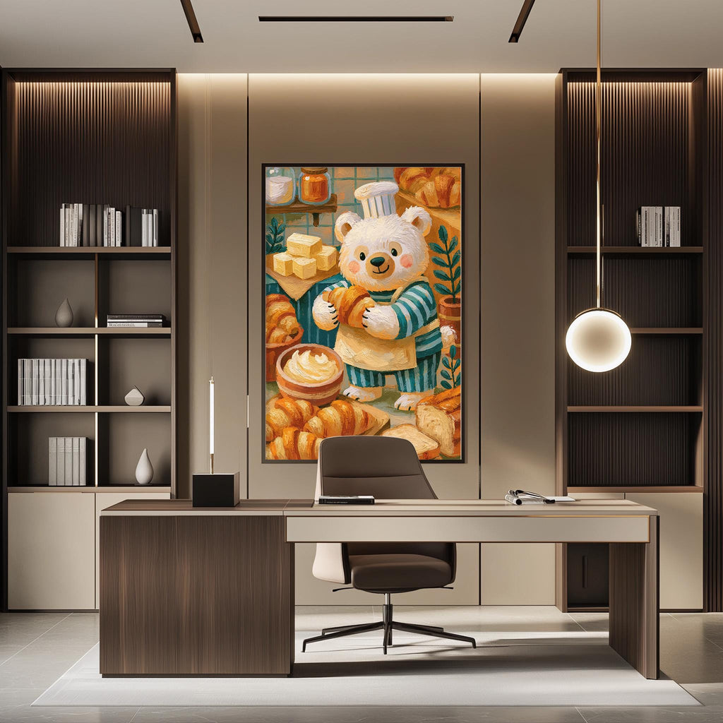 a modern office space with a large painting of a teddy bear wearing a chef's hat and holding a tray of pastries on the wall. The office has a wooden desk, a chair, and a bookshelf filled with books.