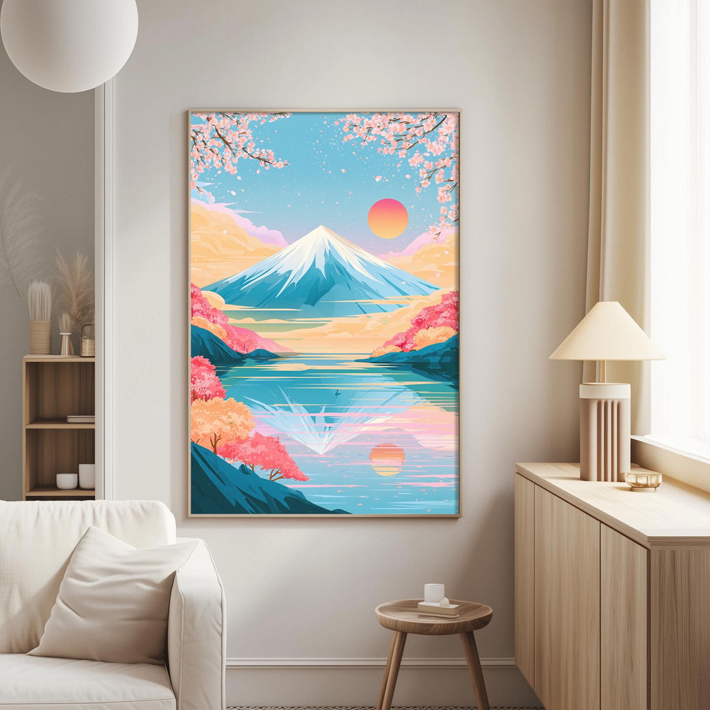 a large, colorful painting of a mountain landscape with a lake and cherry blossoms, hanging on a wall in a living room.