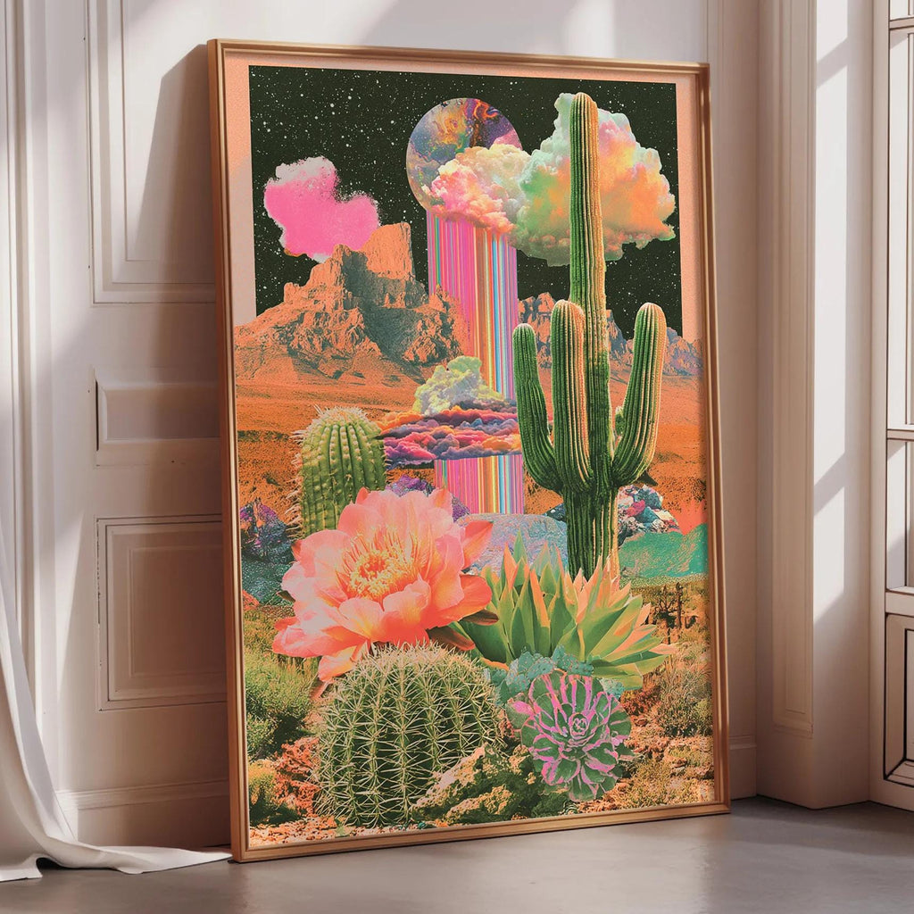 The image is a vibrant and colorful collage featuring a desert landscape with cacti, flowers, and a rainbow-colored waterfall.