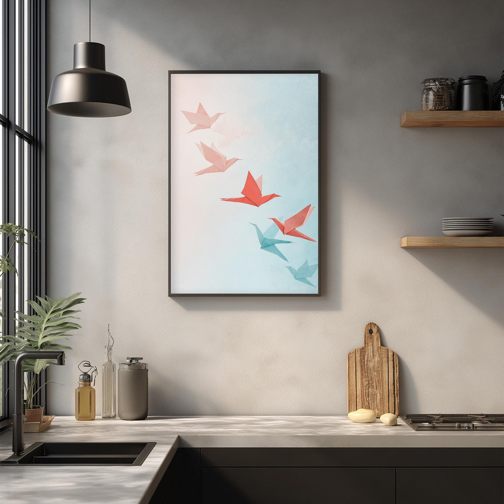 a kitchen counter with a framed artwork of colorful birds in flight above it, along with various kitchen items such as a cutting board, a soap dispenser, and a plant.