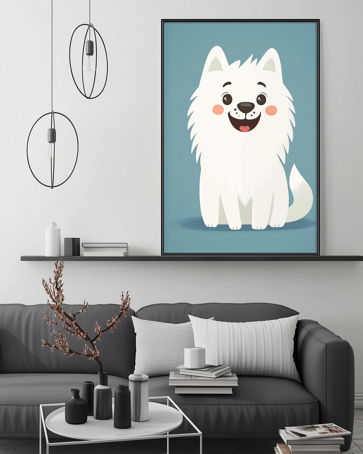 a cozy living room with a gray couch, a coffee table, and a large framed illustration of a white dog on the wall.