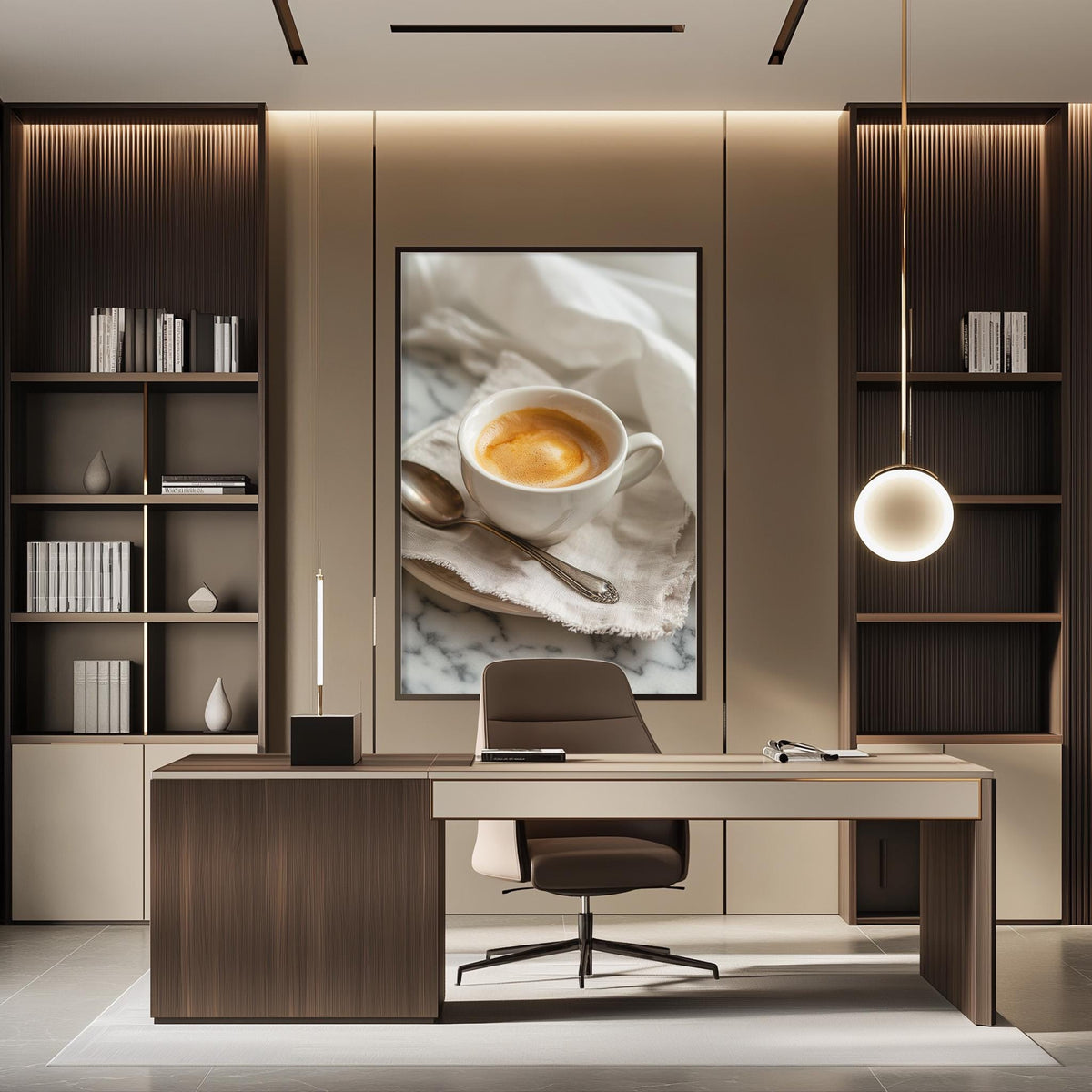 a modern and stylish office space with a large framed photograph of a cup of coffee on a marble surface, surrounded by bookshelves and a desk with a chair.