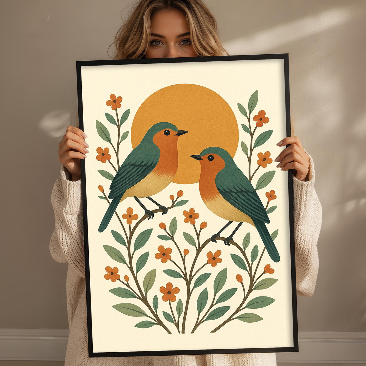 A woman is holding up a framed print featuring two birds perched on branches with orange flowers and green leaves.