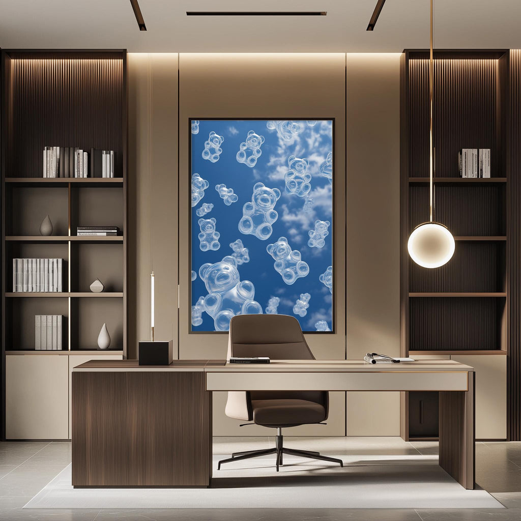 a modern office space with a large framed artwork featuring a blue background with white teddy bear bubbles hanging on the wall. The office has a wooden desk, a chair, and a bookshelf filled with books.