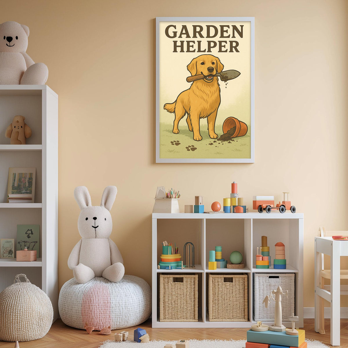 A child's bedroom with a white bookshelf, a stuffed rabbit, and a framed poster of a dog holding a shovel. The poster features a cartoon dog and the text "Garden Helper".