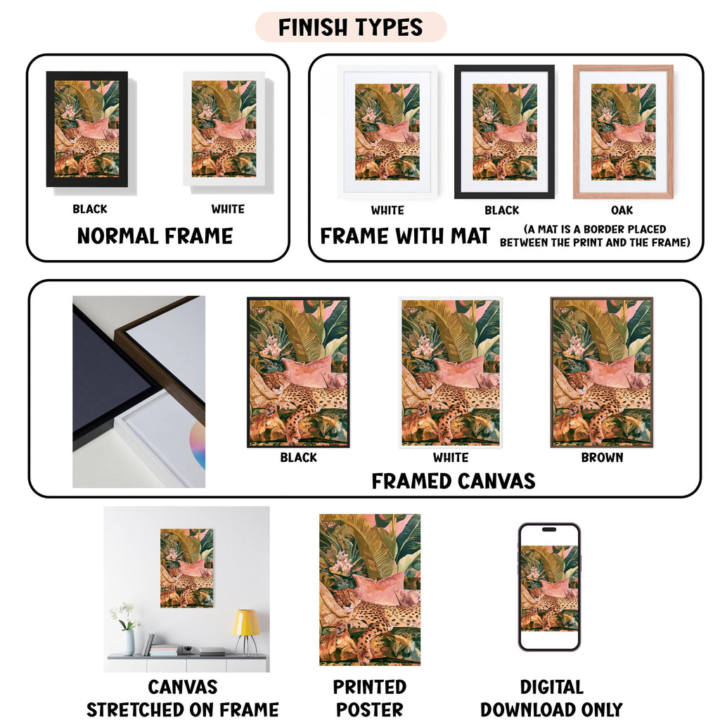 various types of artwork, including framed prints, canvas prints, and digital prints, each with different finishes and mat colors.