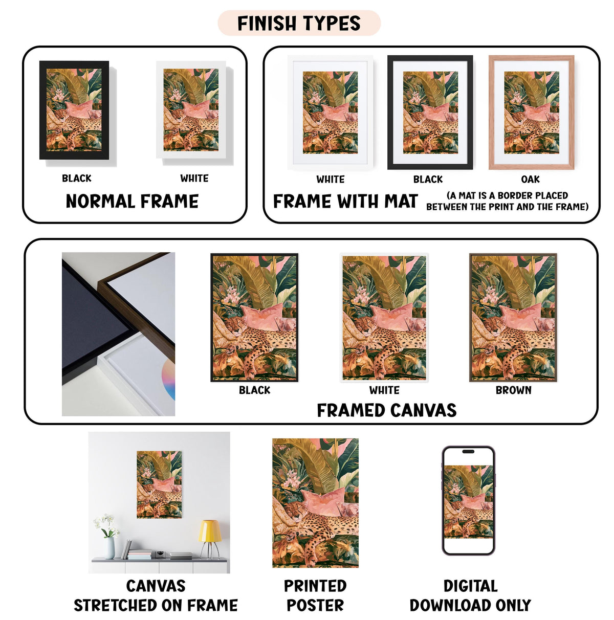 various types of artwork, including framed prints, canvas prints, and digital prints, each with different finishes and mat colors.