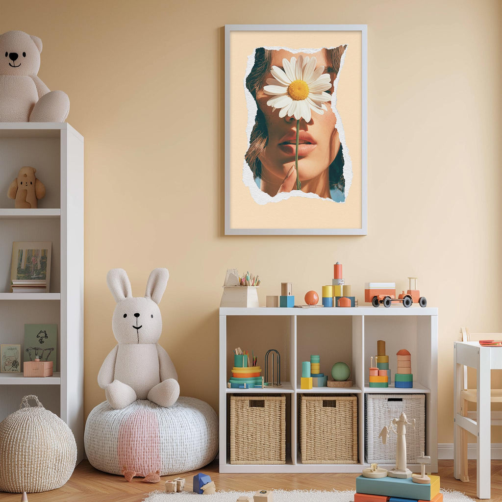 a child's bedroom with a white bookshelf, a stuffed rabbit, a framed picture of a woman with a flower in her eye, and a toy train on the shelf.