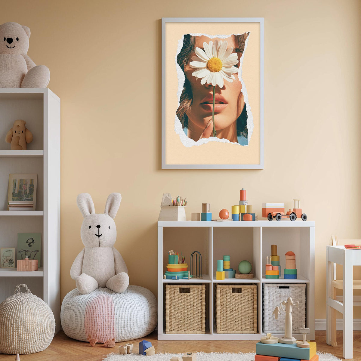a child's bedroom with a white bookshelf, a stuffed rabbit, a framed picture of a woman with a flower in her eye, and a toy train on the shelf.