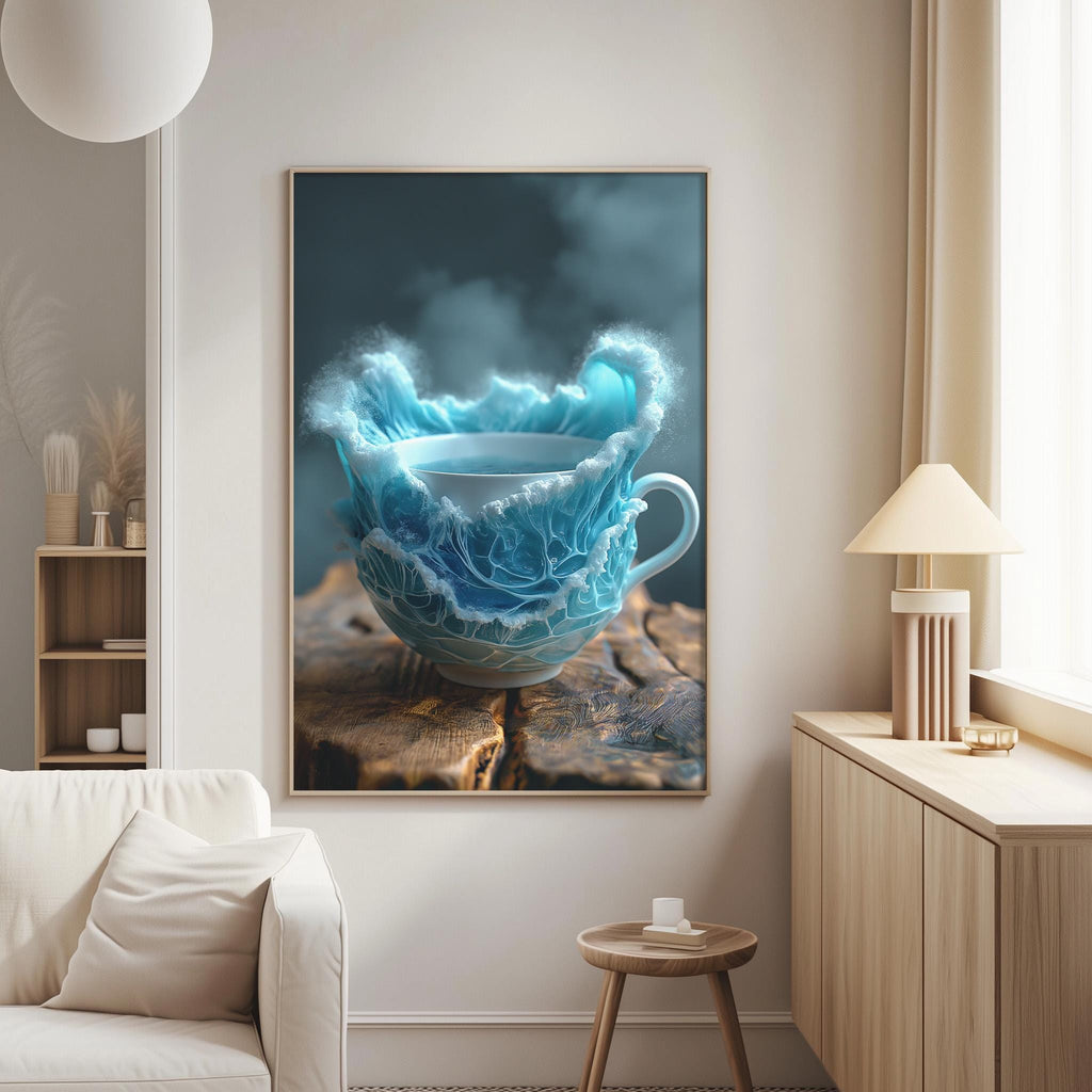 a large framed artwork depicting a teacup with a blue and white design, placed on a wooden surface.
