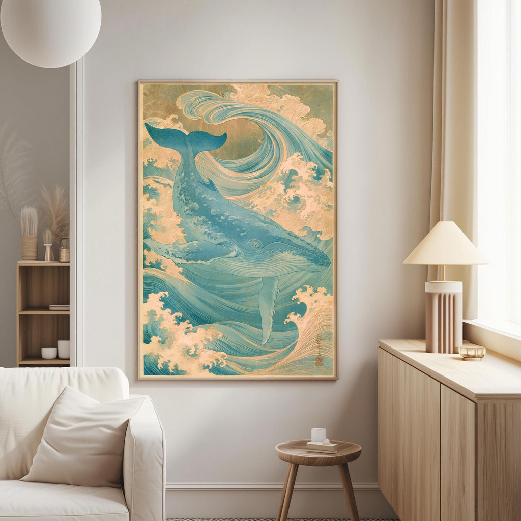 a large, colorful painting of a whale in the ocean, hanging on a wall in a living room.