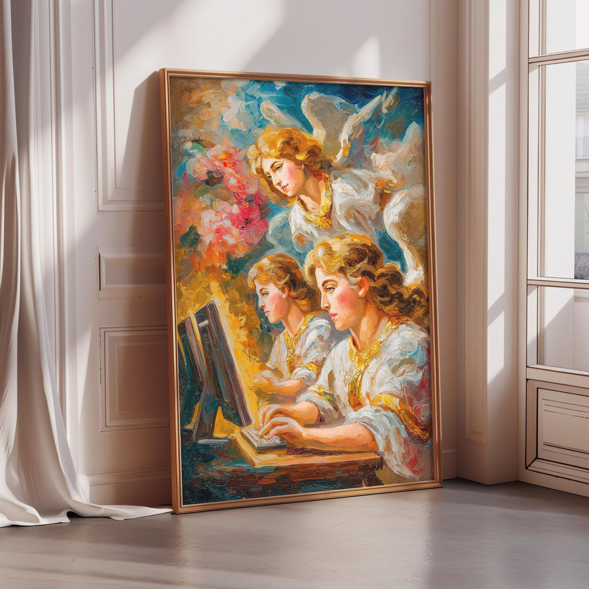 The image is a large painting depicting three angels with wings, each holding a different object, such as a book, a musical instrument, and a computer monitor.