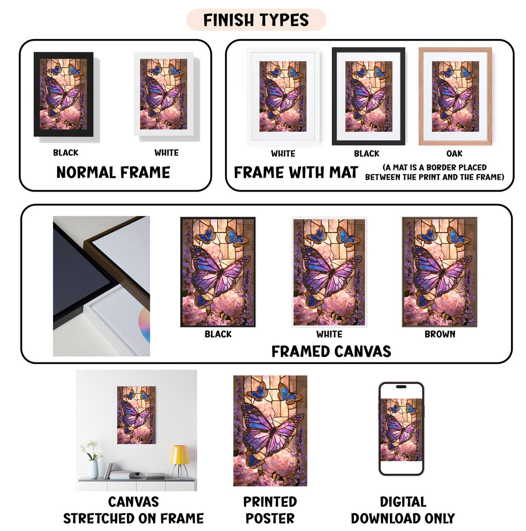 various finish types for a framed artwork, including a normal frame, a frame with a mat, a black frame, a white frame, a black frame, a white frame with a mat, a brown frame, a framed canvas, a stretched canvas, a printed poster, and a digital download only.