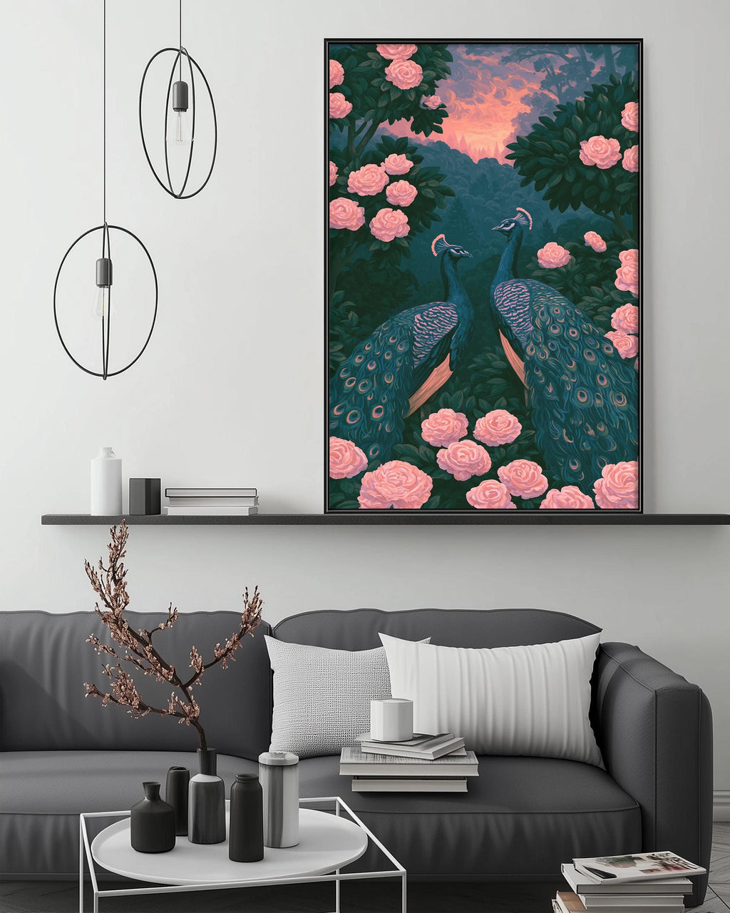 a large framed painting of two peacocks standing amidst pink flowers, hanging on a wall above a gray couch with a coffee table in front of it.