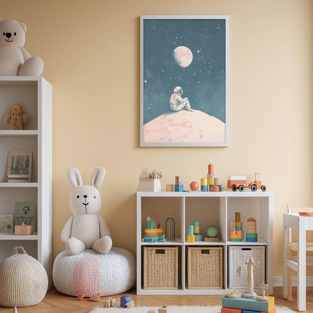 A cozy children's bedroom with a large stuffed bunny, a bookshelf, and a toy storage unit. The wall features a framed picture of an astronaut on the moon, and the room has a warm, inviting atmosphere.