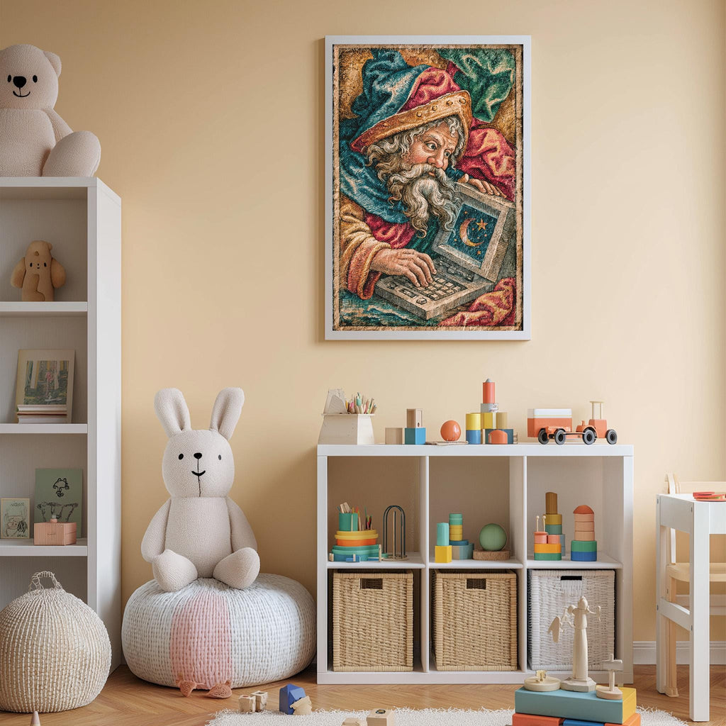 A child's bedroom with a large tapestry of a wizard on the wall, a stuffed rabbit, a bookshelf filled with toys, and a storage unit with toys and other items.