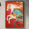a vibrant painting of two horses, one white and one blue, against a red background. The painting is hanging on a wall above a kitchen counter, which has various kitchen items such as a cutting board, a bottle, and a vase.