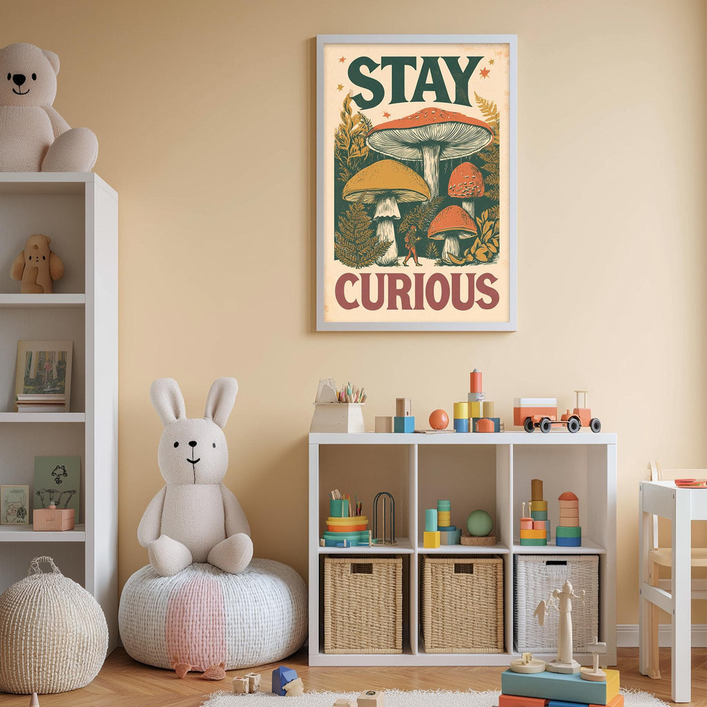 A child's bedroom with a white bookshelf, a stuffed rabbit, and a framed poster with a mushroom and the text "STAY CURIOUS" on the wall.