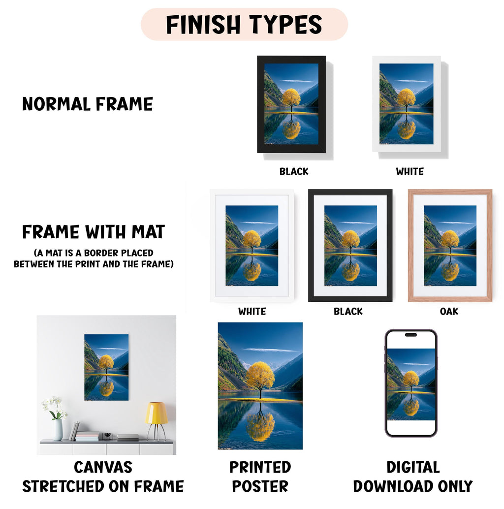 various types of artwork, including a normal frame, a frame with a mat, a white frame, a black frame, a white frame, a black frame, an oak frame, a canvas stretched on a frame, a printed poster, and a digital download only.
