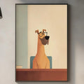 a kitchen scene with a framed illustration of a dog wearing glasses, a wooden cutting board, and various kitchen items such as a sink, a bottle, and a vase.