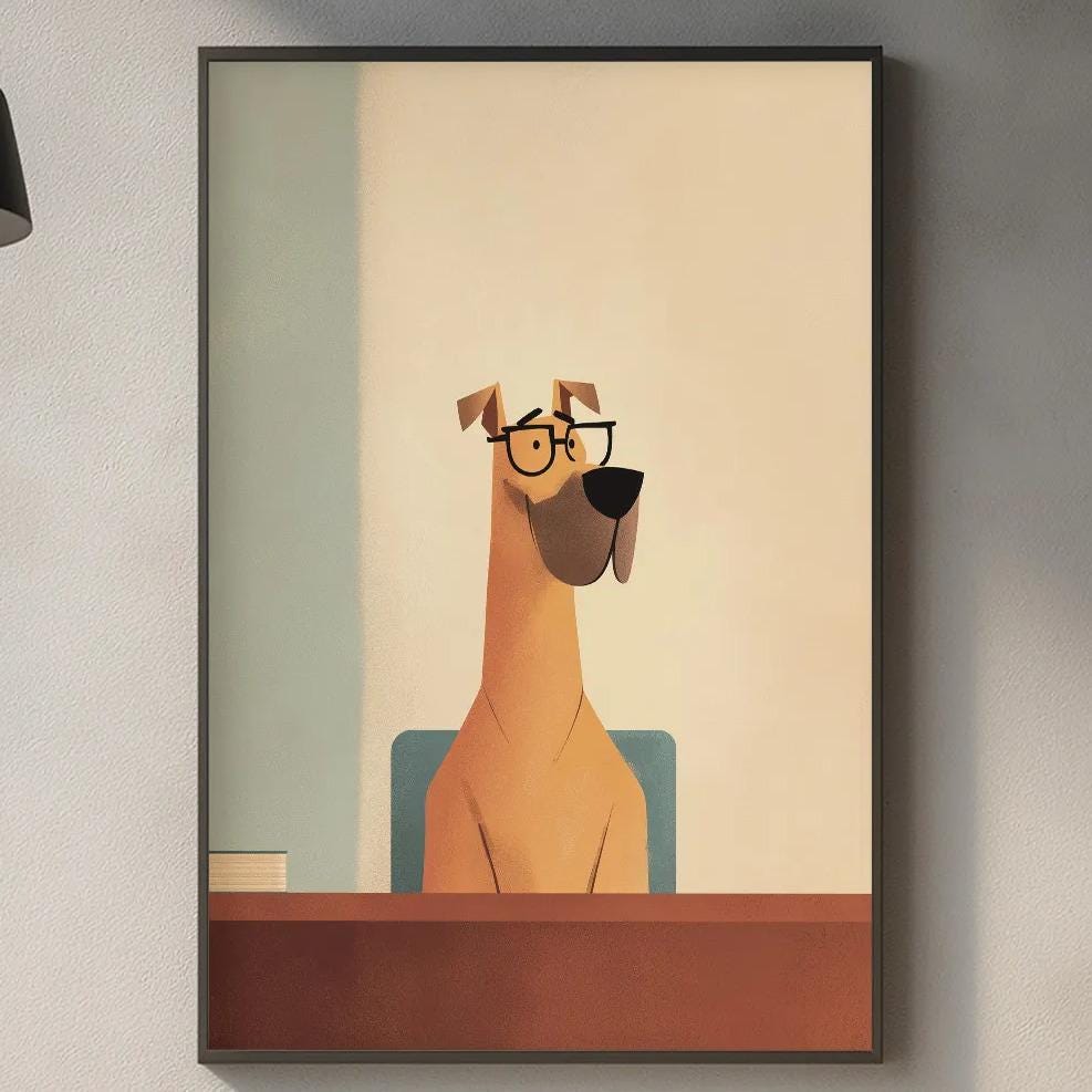 a kitchen scene with a framed illustration of a dog wearing glasses, a wooden cutting board, and various kitchen items such as a sink, a bottle, and a vase.