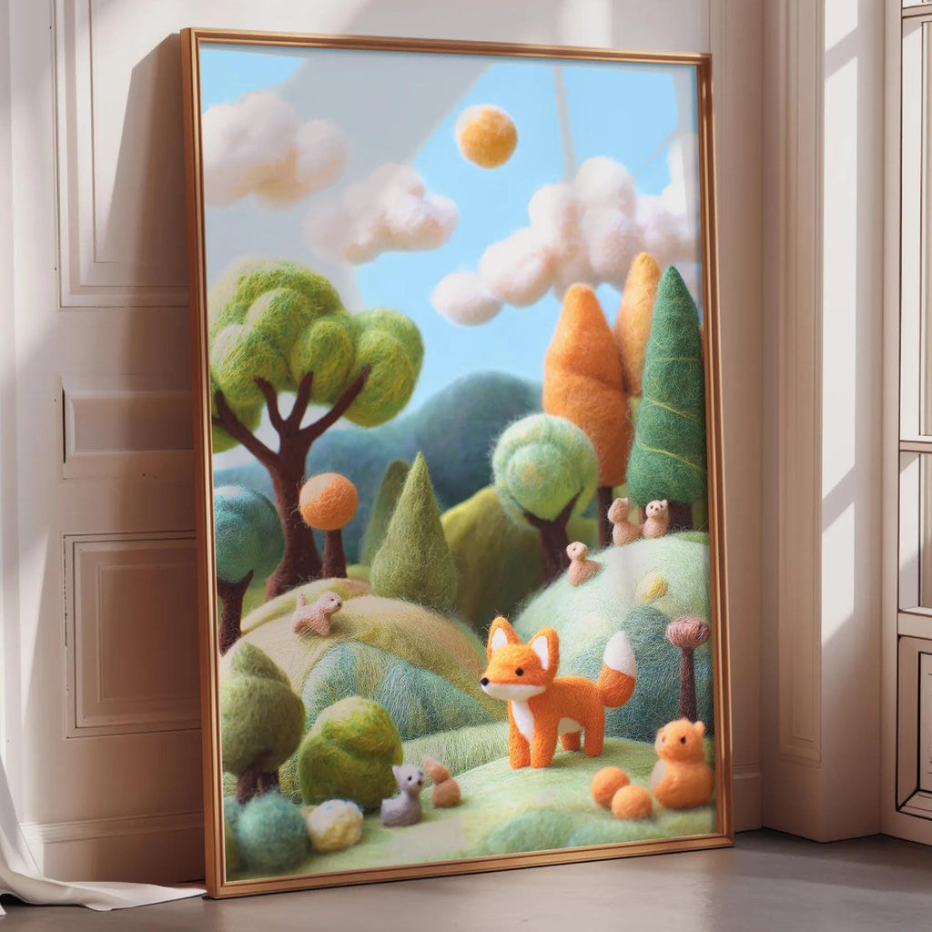 The image is a vibrant and whimsical painting depicting a lush forest scene with a fox, a rabbit, and other animals. The painting is framed and placed on a wall, creating a lively and imaginative atmosphere.