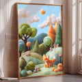 The image is a vibrant and whimsical painting depicting a lush forest scene with a fox, a rabbit, and other animals. The painting is framed and placed on a wall, creating a lively and imaginative atmosphere.