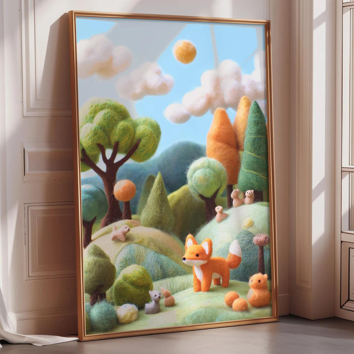 The image is a vibrant and whimsical painting depicting a lush forest scene with a fox, a rabbit, and other animals. The painting is framed and placed on a wall, creating a lively and imaginative atmosphere.