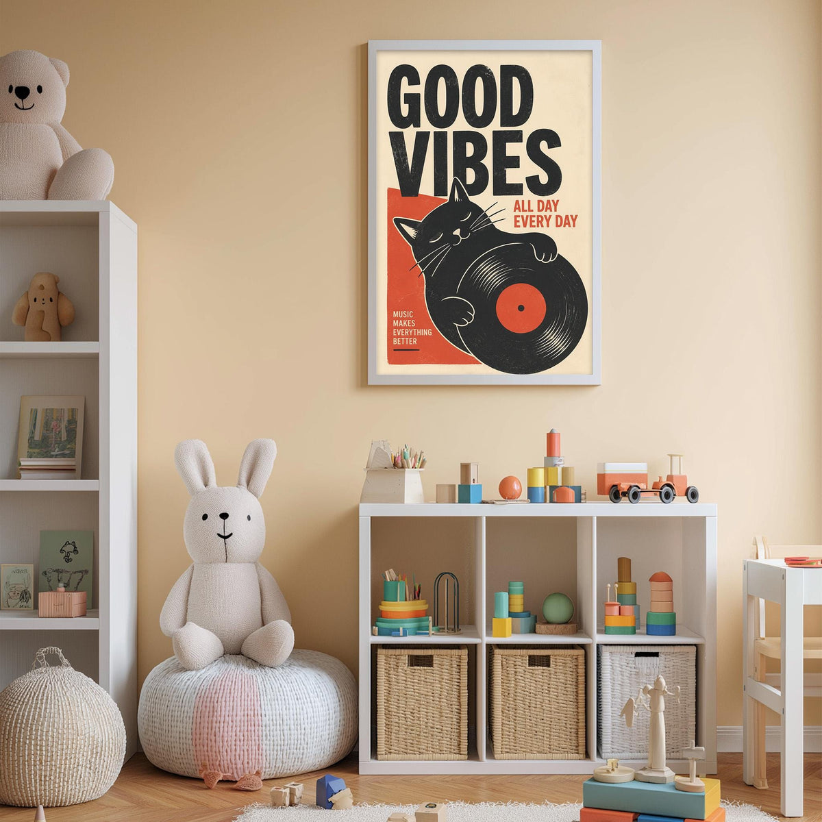 A child's bedroom with a poster of a cat holding a record album, a stuffed rabbit, and a shelf with toys and storage bins.