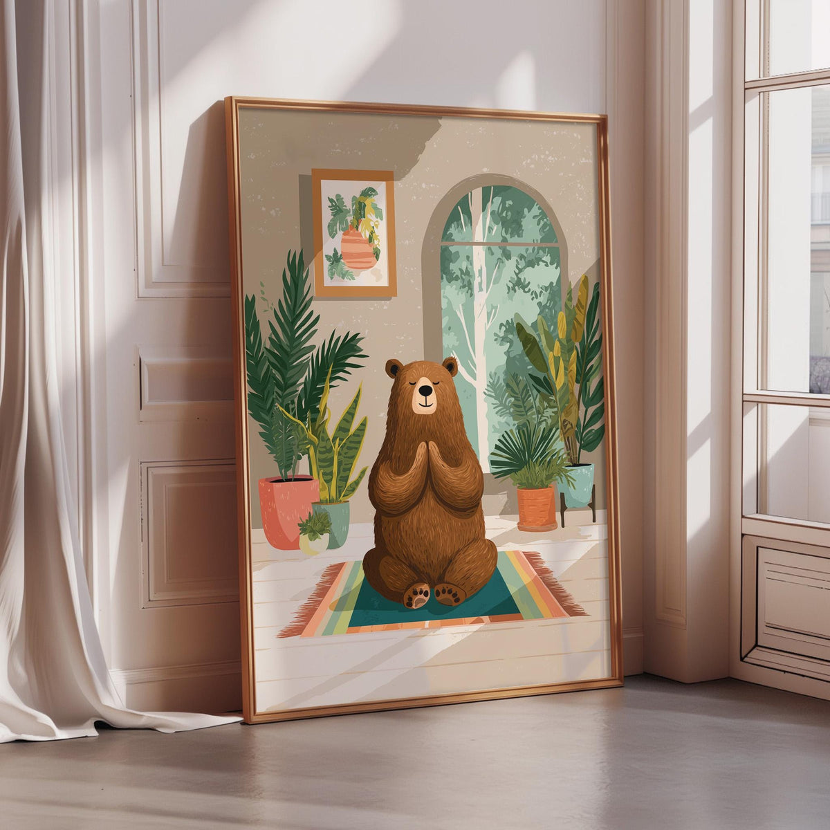 A framed illustration of a brown bear sitting on a rug in a room with plants and a window.