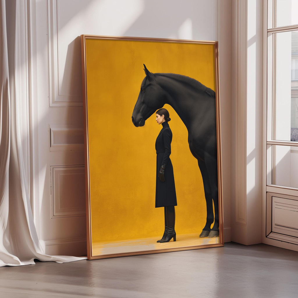 A woman in a black coat stands next to a black horse against a yellow background.