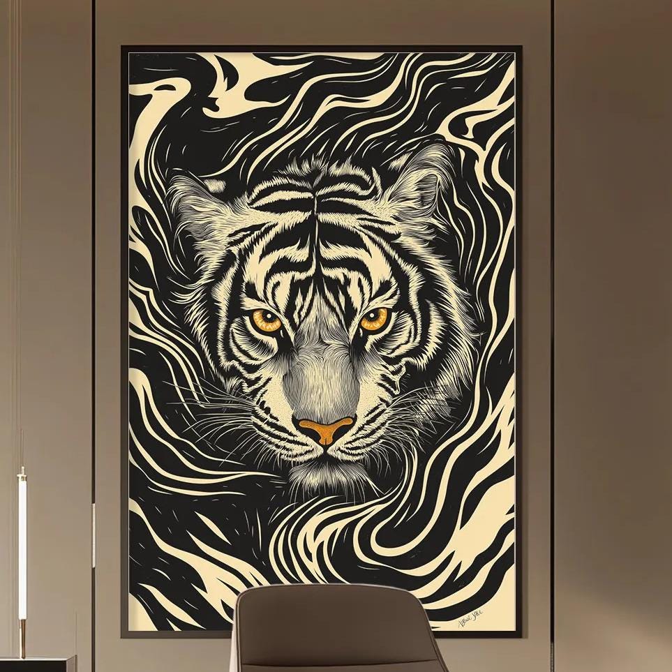 a modern office space with a large tiger-themed artwork hanging on the wall above a wooden desk. The desk has a chair and a lamp, creating a professional and stylish atmosphere.