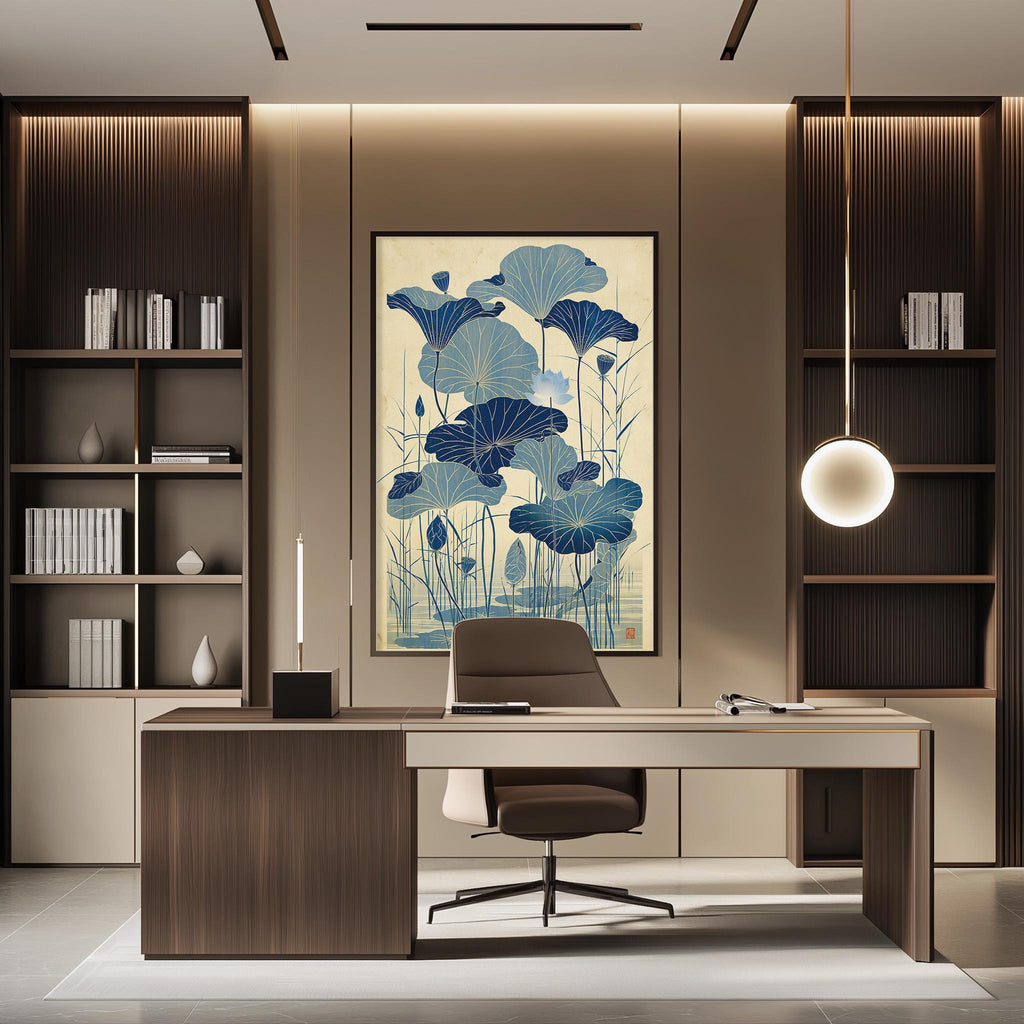 a modern and minimalist office space with a large blue and white floral artwork hanging on the wall above a wooden desk. The desk is positioned in front of the artwork, creating a focal point in the room. The office also features built-in bookshelves and a pendant light, contributing to the overall sleek and contemporary design.