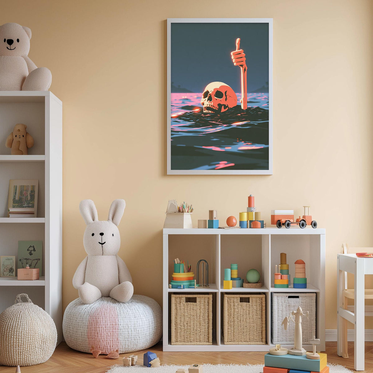 A child's bedroom with a white bookshelf, a stuffed rabbit, and a framed poster of a skull with a thumbs-up sign.