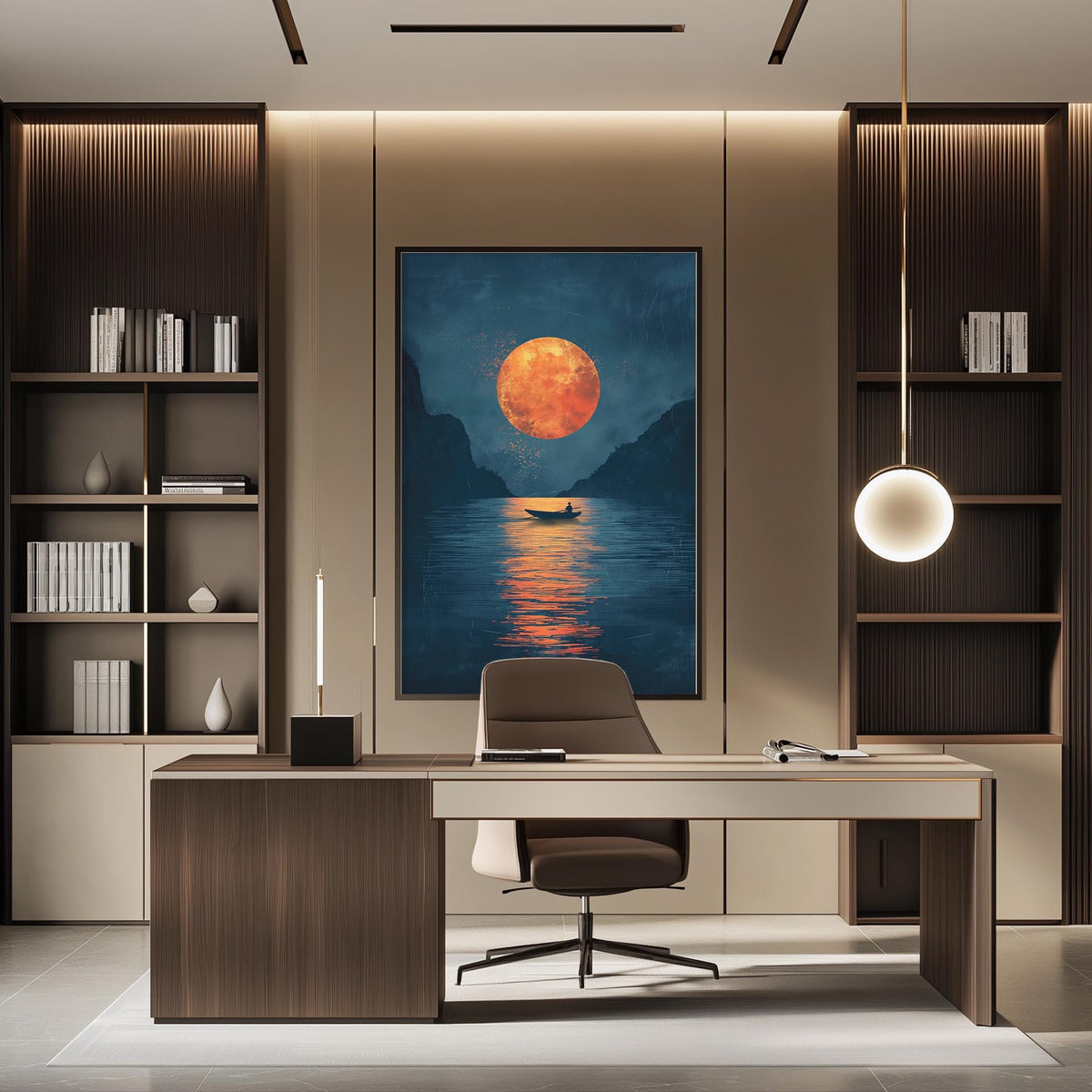 a modern office space with a large framed painting of a sunset over a body of water hanging on the wall. The painting features a boat on the water and a large orange moon in the sky. The office has a wooden desk and chair, and there are bookshelves on either side of the desk. The overall design and decor create a serene and calming atmosphere.