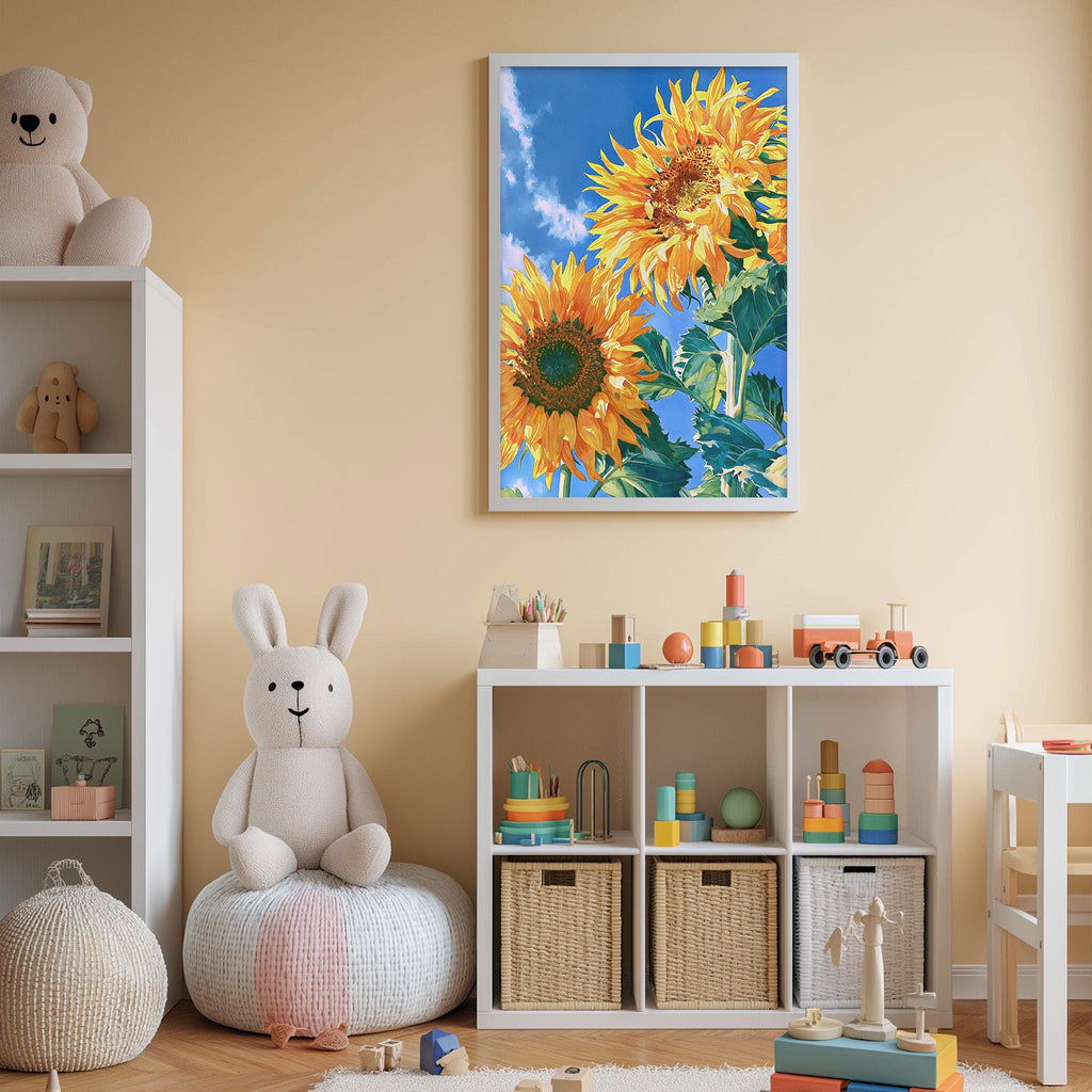 A cozy children's room with a white bookshelf, a plush bunny, and a colorful toy box filled with various toys. A framed picture of sunflowers is displayed on the wall above the bookshelf.