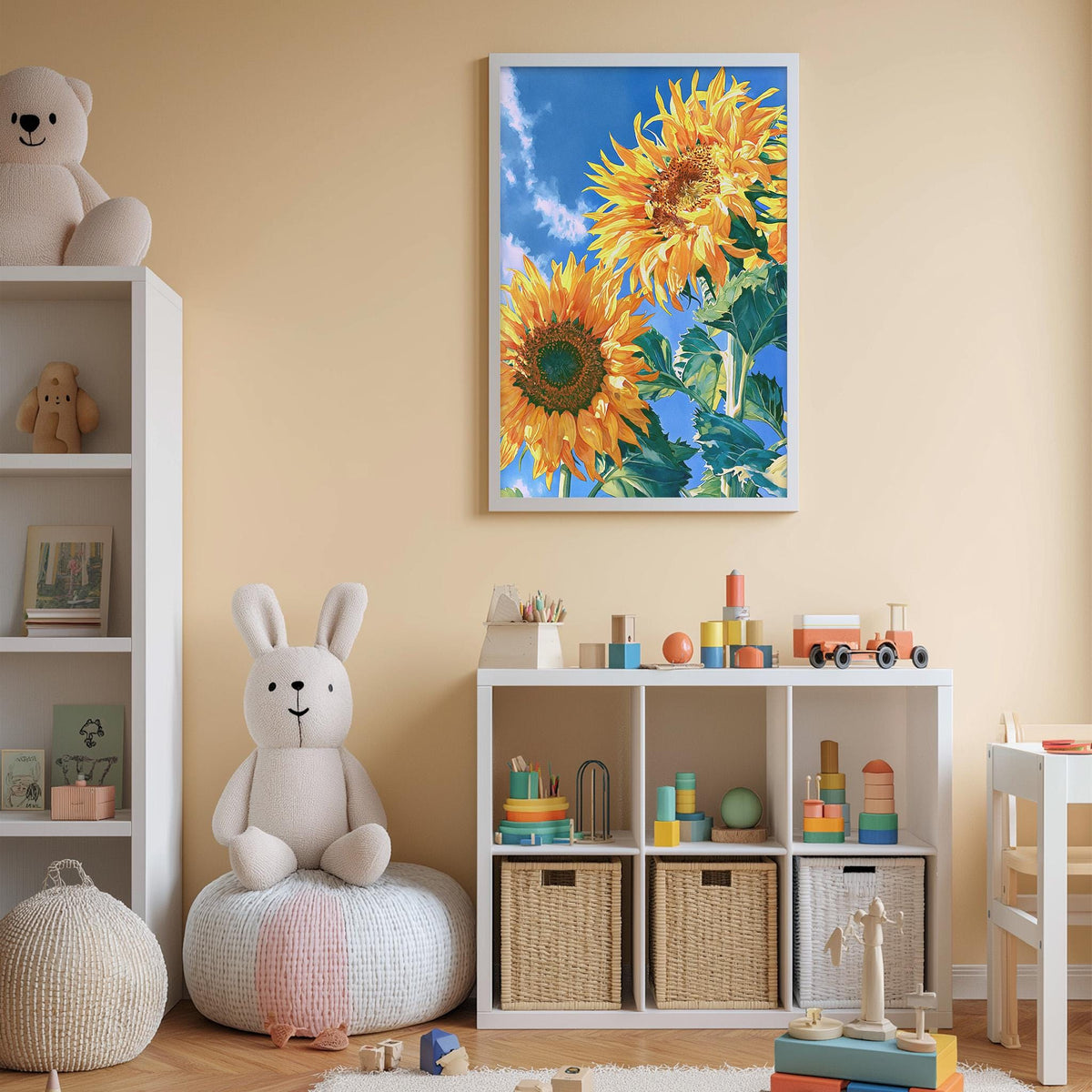 A cozy children's room with a white bookshelf, a plush bunny, and a colorful toy box filled with various toys. A framed picture of sunflowers is displayed on the wall above the bookshelf.