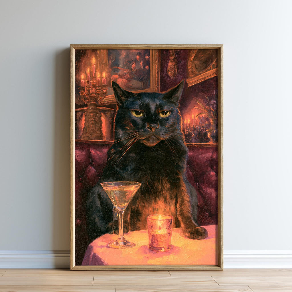 A black cat sitting on a table with a martini glass and a candle in front of it, with a warm, dimly lit background.