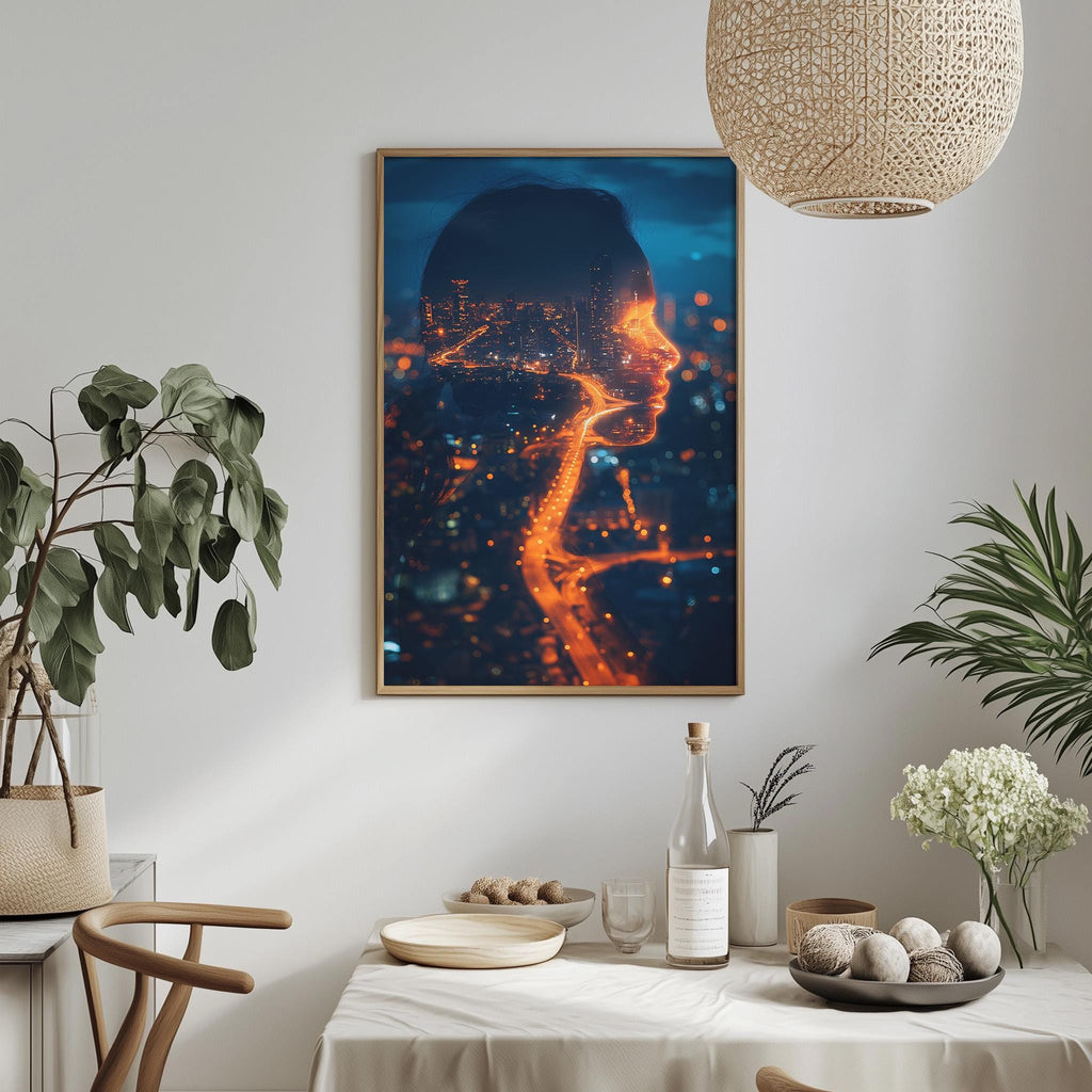 a framed artwork of a woman's face with a cityscape in the background, hanging on a wall above a dining table with various decorative items and plants.