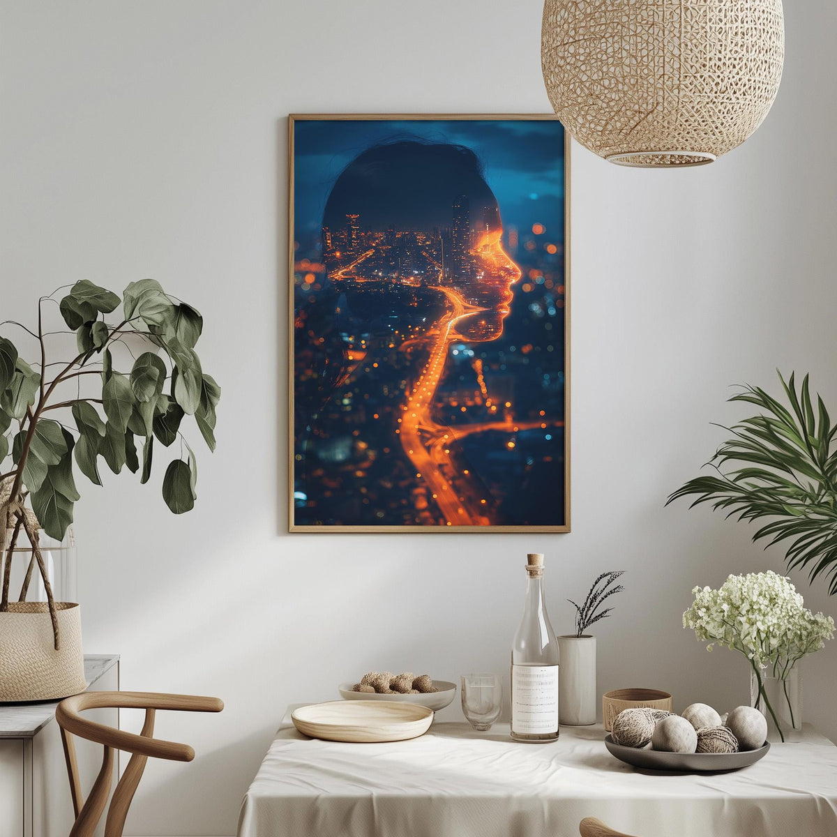a framed artwork of a woman's face with a cityscape in the background, hanging on a wall above a dining table with various decorative items and plants.