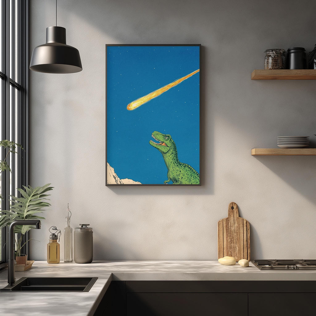 a framed illustration of a green dinosaur with a yellow meteorite streaking across the sky above it, set against a blue background.
