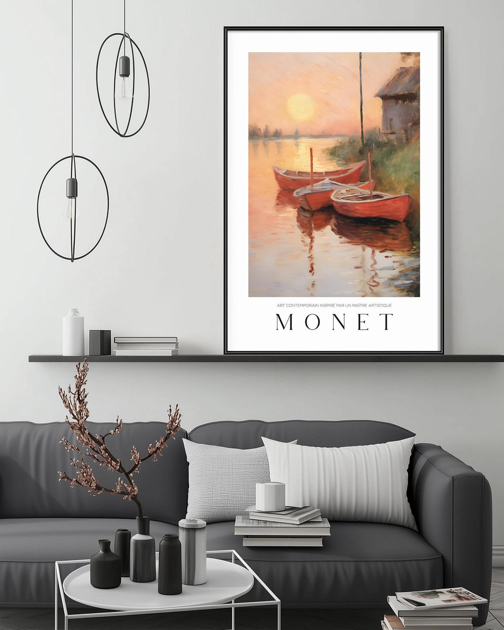 a modern living room with a gray sofa, a coffee table, and a large framed painting of boats on a lake. The painting is titled "Monet" and is hanging above the sofa.