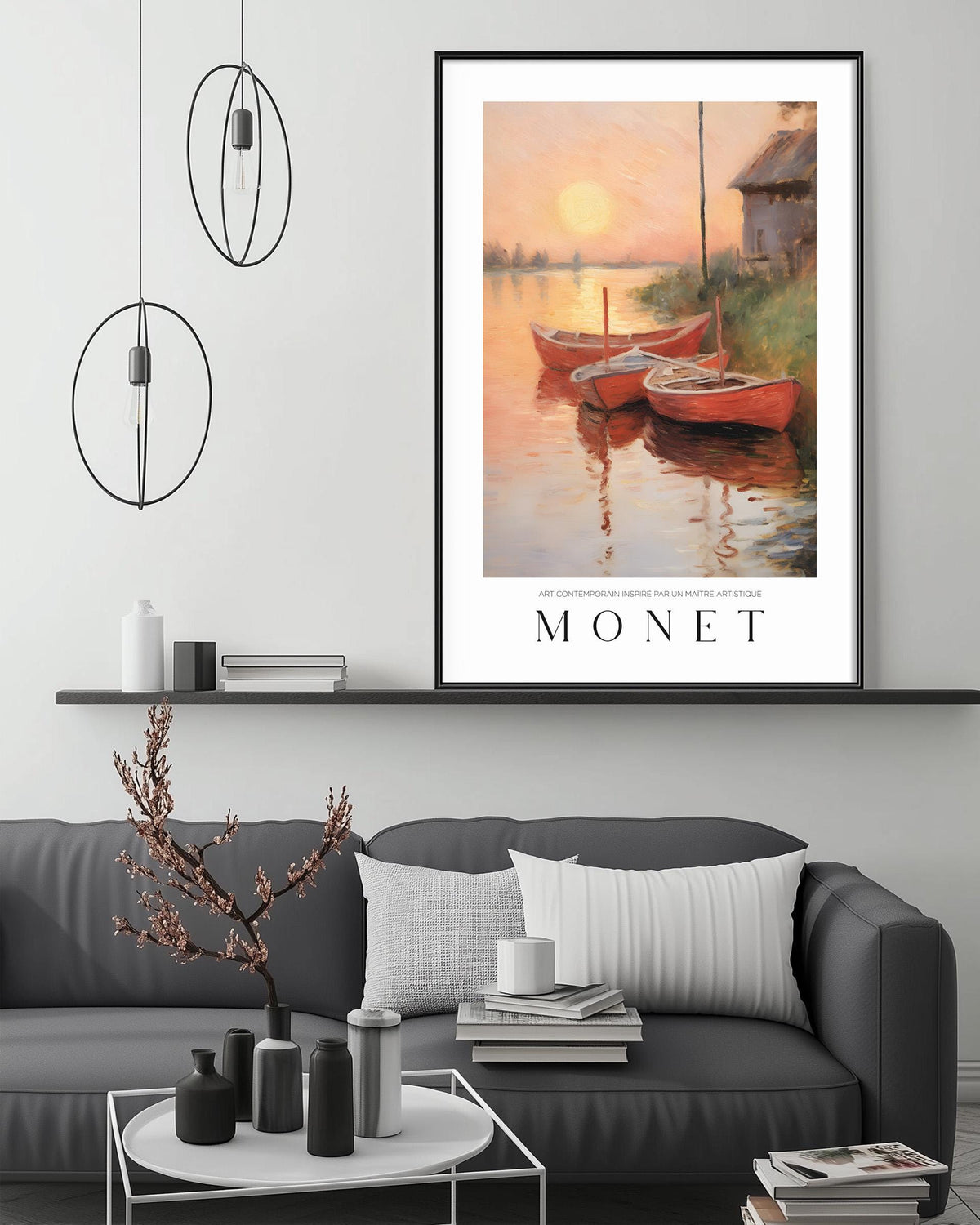 a modern living room with a gray sofa, a coffee table, and a large framed painting of boats on a lake. The painting is titled "Monet" and is hanging above the sofa.