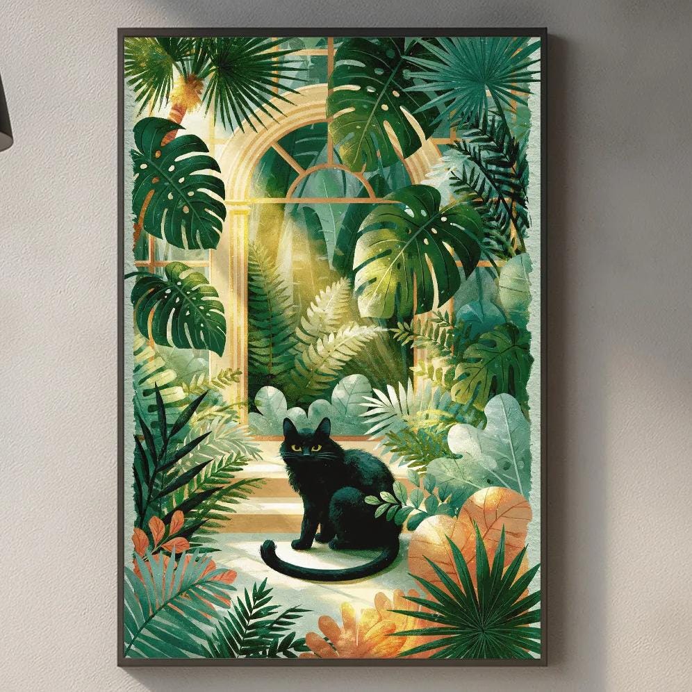 a kitchen scene with a framed painting of a black cat sitting on a windowsill, surrounded by tropical foliage. The painting is hanging on a wall above a kitchen counter with various kitchen items such as a cutting board, a bottle, and a vase.