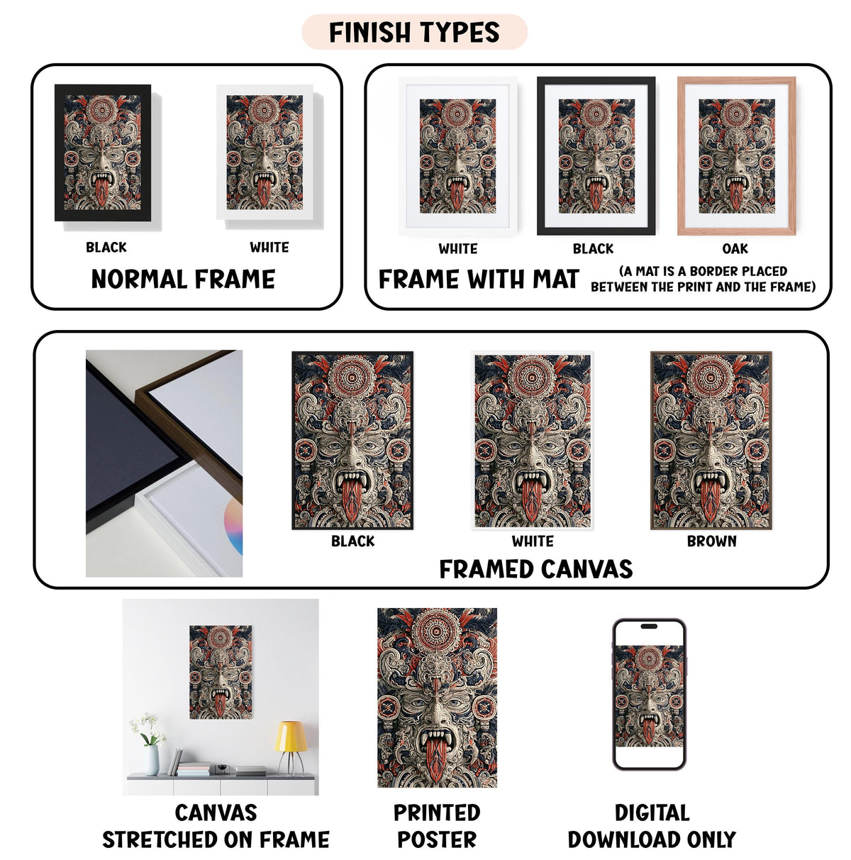 various finish types for a framed artwork, including a normal frame, a frame with a mat, a black frame, a white frame, a black frame, a white frame, a black frame, a white frame, a framed canvas, a stretched canvas, a printed poster, and a digital download only.