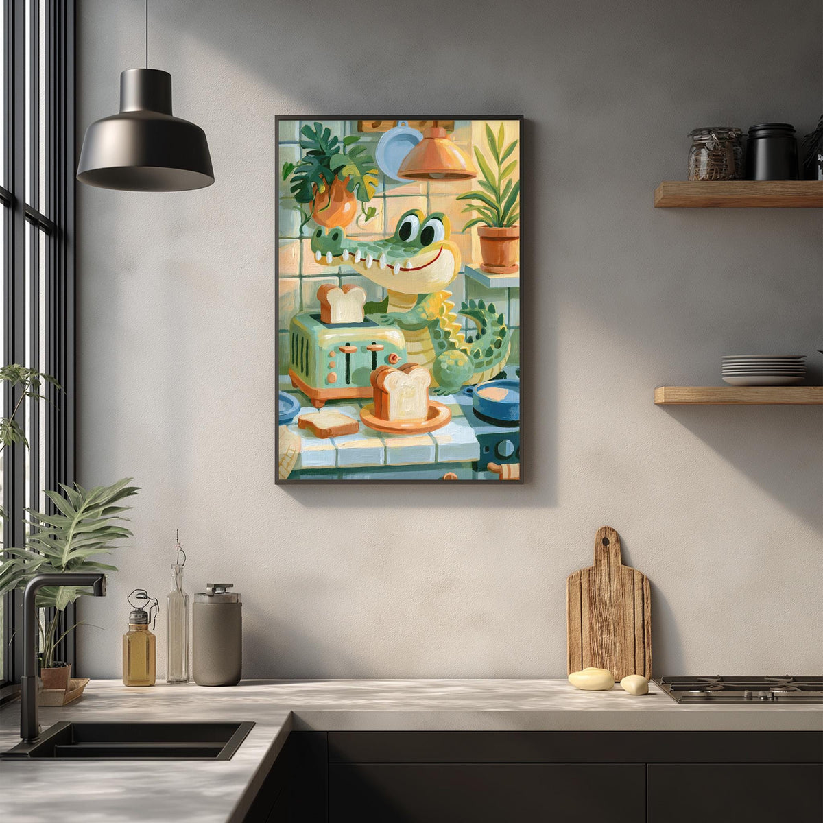 a kitchen scene with a framed illustration of a toaster with a smiling face, surrounded by various kitchen items such as a cutting board, a sink, and a potted plant.
