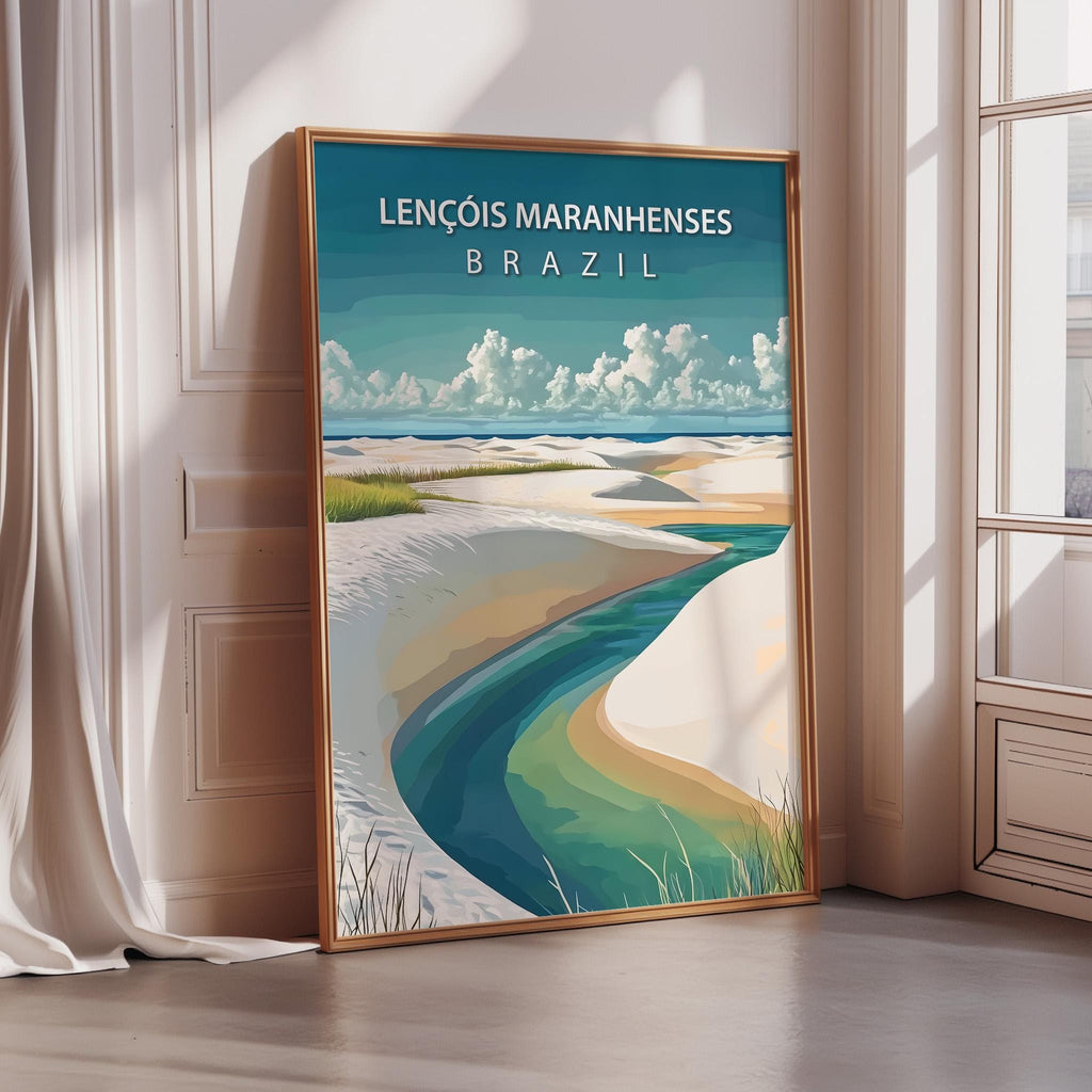 The image is a framed poster depicting a scenic landscape with a river, beach, and sky.