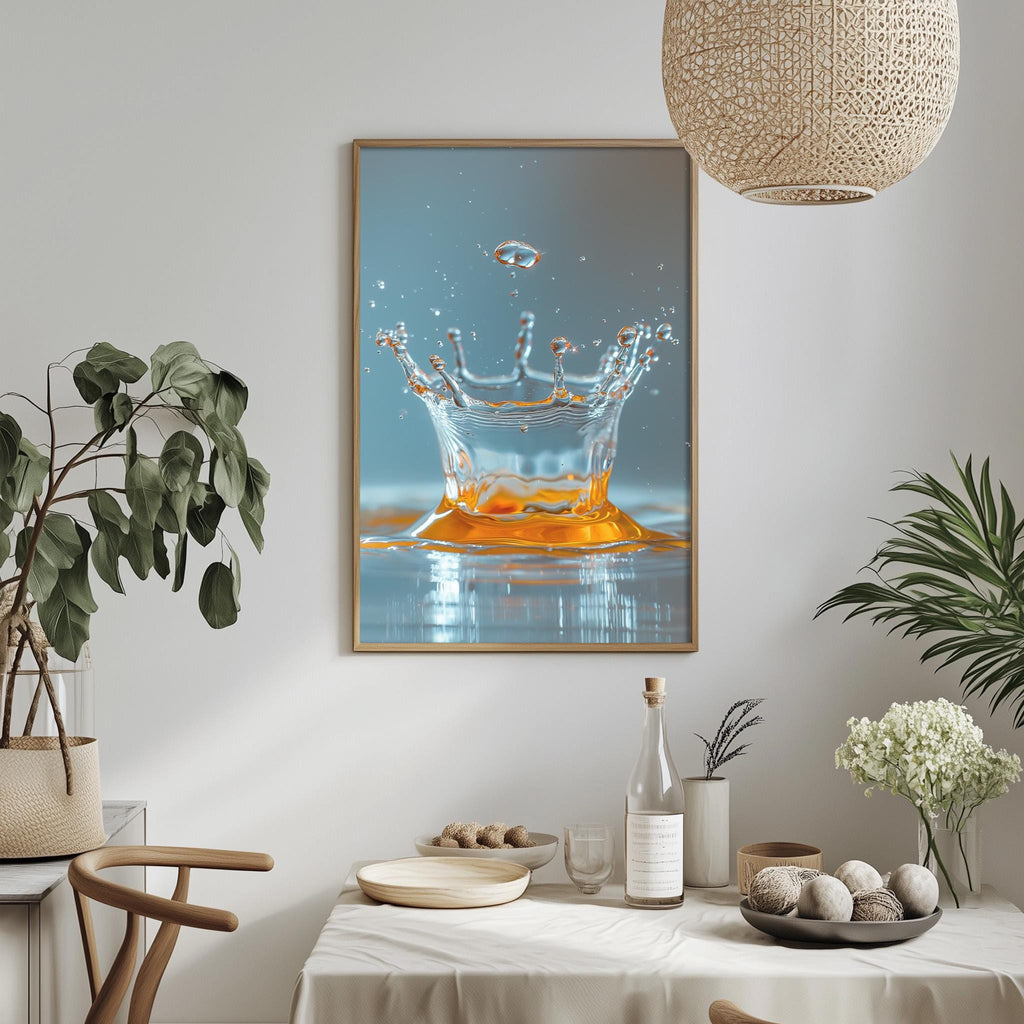 a dining table with a white tablecloth, a bowl of fruit, a bottle, and a vase with flowers. Above the table, there is a framed picture of a splash of water with an orange splash.