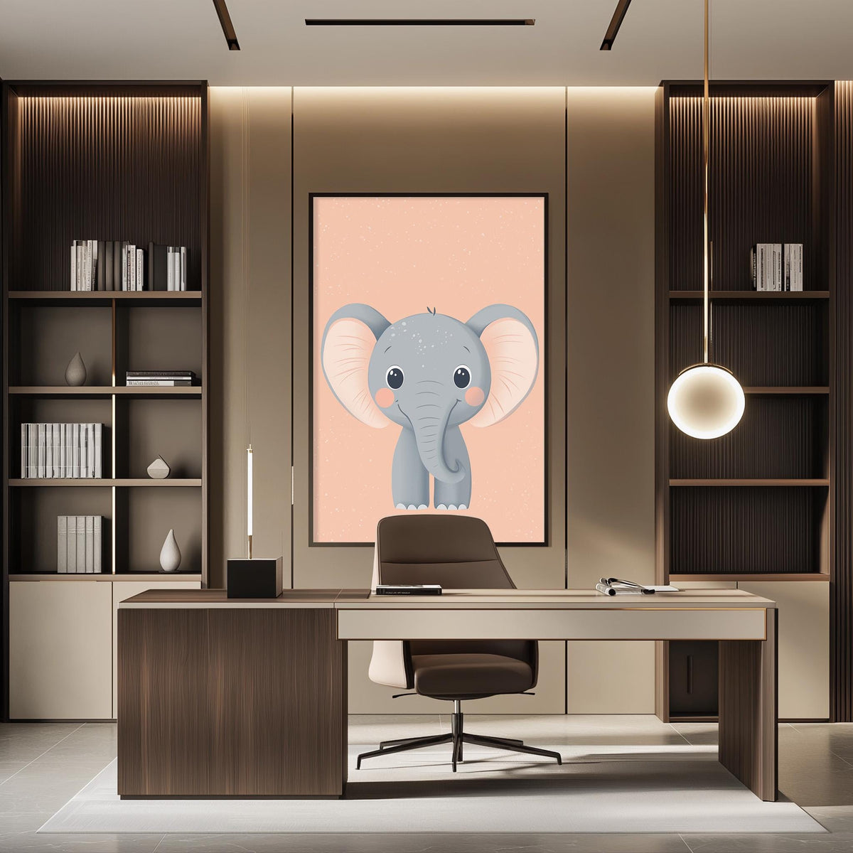 a modern office space with a large elephant-themed artwork on the wall, a wooden desk with a chair, and a bookshelf filled with books.