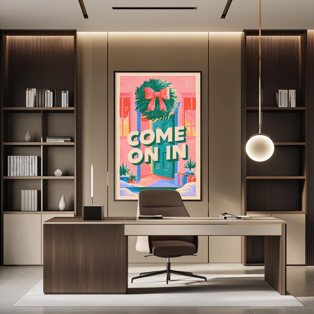 a modern office space with a large, colorful poster on the wall that says "COME ON IN". The office has a wooden desk, a chair, and a bookshelf filled with books. The overall design and decor create a professional and inviting atmosphere.